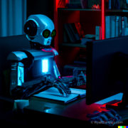 A robot at a computer