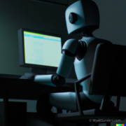 A robot writing on a computer