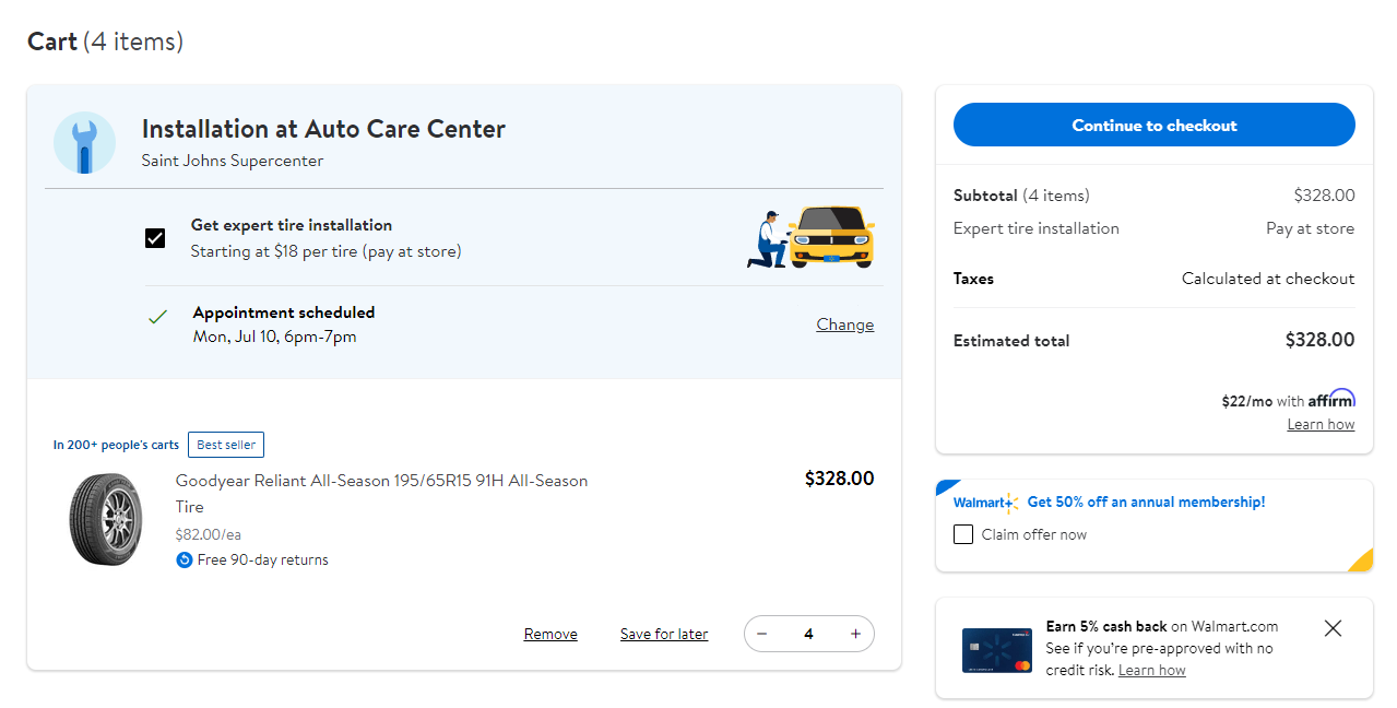 Walmart tire pricing screenshot showing $104 per tire